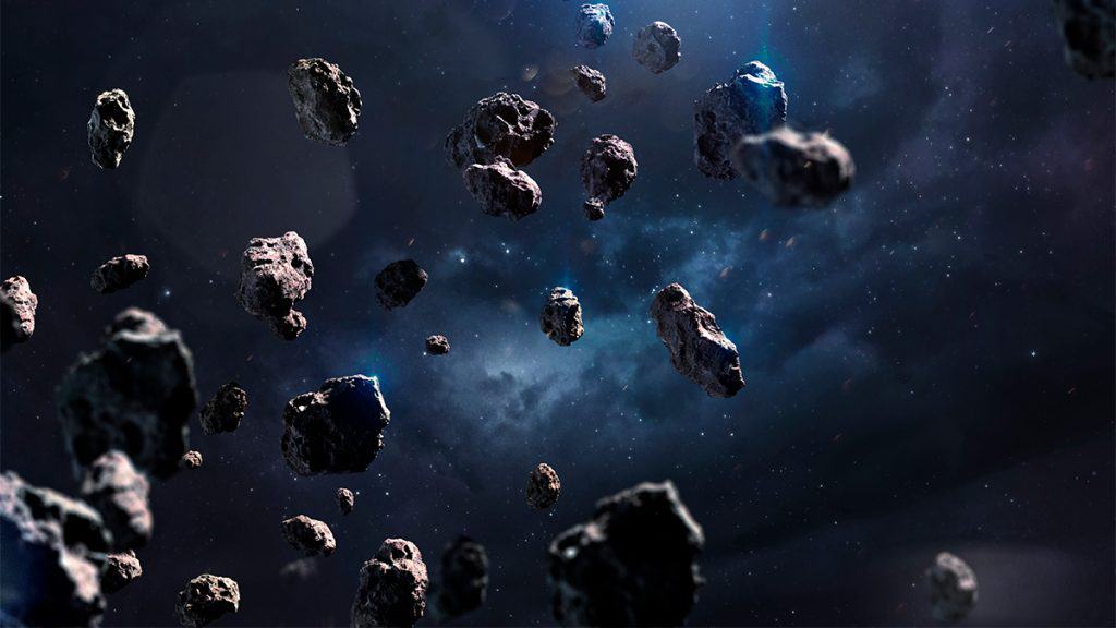 Ilustração de asteroides no espaço